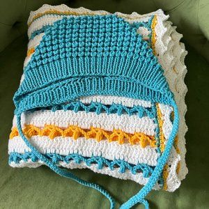 Handmade Crochet Blue / Yellow Cotton Baby Blanket and Bonnet.